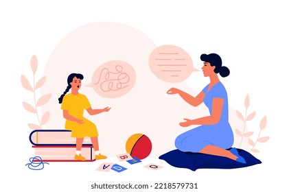 Speech therapist appointment. Girl doing tongue exercises.  Woman teaching child pronunciation. Speech disorder, development delay. Pediatrician in the kindergarten, school.  Stutter. vector