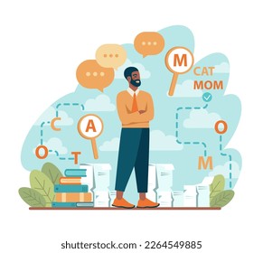 Speech therapist. Black male character doctor diagnozing and treating of communication problem and speech disorder. Didactic correction and speech treatment idea. Vector flat illustration