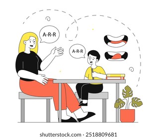 Terapeuta del habla con el chico. La mujer le enseña al niño a hablar. Educación y entrenamiento, práctica. Mejora de las habilidades de articulación y comunicación. Ilustración vectorial lineal aislada sobre fondo blanco