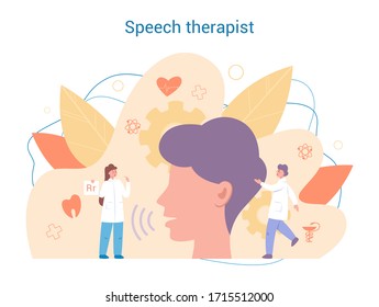 Speech therapist concept. Didactic correction and treatment idea. Doctor caring about patient health. Medical treatment and recovery. Vector illustration in cartoon style