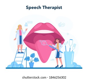 Speech therapist concept. Didactic correction and treatment idea. Doctor caring about patient health. Medical treatment and recovery. Vector illustration in cartoon style