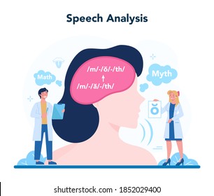 Speech therapist concept. Didactic correction and treatment idea. Doctor caring about patient health. Medical treatment and recovery. Vector illustration in cartoon style