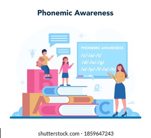 Speech therapist concept. Didactic correction and treatment idea. Doctor caring about patient health. Medical treatment and recovery. Vector illustration in cartoon style