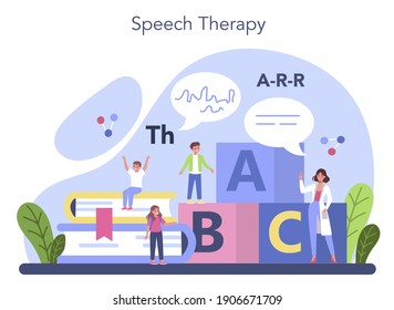 Speech therapist concept. Didactic correction and speech treatment idea. Doctor diagnozing and treating of communication problem and speech disorder. Vector flat illustration