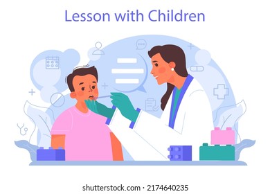 Speech Therapist Concept. Didactic Correction And Speech Treatment Idea. Doctor Diagnozing And Treating Of Communication Problem And Speech Disorder. Vector Flat Illustration