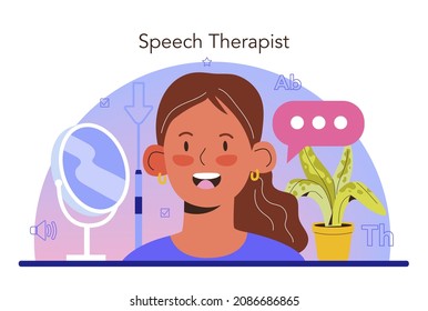 Speech therapist concept. Doctor diagnozing and treating of communication problem and speech disorder. Didactic correction and speech treatment. Vector flat illustration