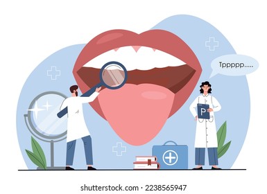 Speech therapist concept. Man with magnifying glass and woman with check list study lips and tongue, speech apparatus. Speech therapists teach to pronounce words. Cartoon flat vector illustration