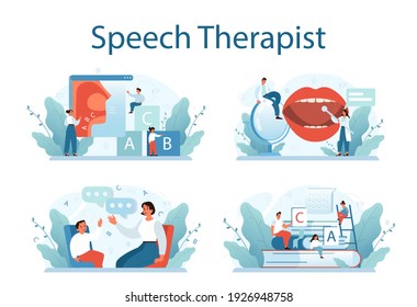 Speech therapist concept set. Didactic correction and treatment idea. Doctor caring about patient health. Medical treatment and recovery. Vector illustration in cartoon style