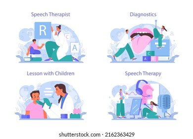 Speech Therapist Concept Set. Didactic Correction And Speech Treatment Idea. Doctor Diagnozing And Treating Of Communication Problem And Speech Disorder. Vector Flat Illustration