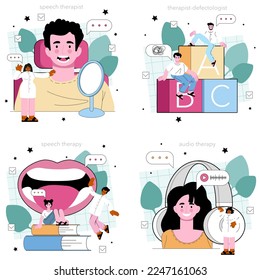 Speech therapist concept set. Didactic correction and speech treatment idea. Doctor diagnozing and treating of communication problem and speech disorder. Vector flat illustration