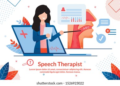 Speech Therapist Consultation, Didactic Aids Treatment Specialist, Psychological Help Online Banner. Female Pedagogue, Doctor with Pointer in Hand Counseling Patients Online Flat Vector Illustration