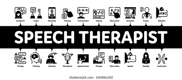 Speech Therapist Help Minimal Infographic Web Banner Vector. Speech Therapist Therapy, Alphabet And Blackboard, Phone And Microphone Illustrations