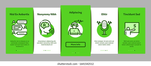 Speech Therapist Help Onboarding Mobile App Page Screen Vector. Speech Therapist Therapy, Alphabet And Blackboard, Phone And Microphone Linear Pictograms. Color Contour Illustrations