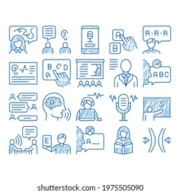 Speech Therapist Help Sketch Icon Vector. Hand Drawn Blue Doodle Line Art Speech Therapist Therapy, Alphabet And Blackboard, Phone And Microphone Illustrations