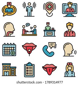 Speech therapist icons set. Outline set of speech therapist vector icons thin line color flat on white