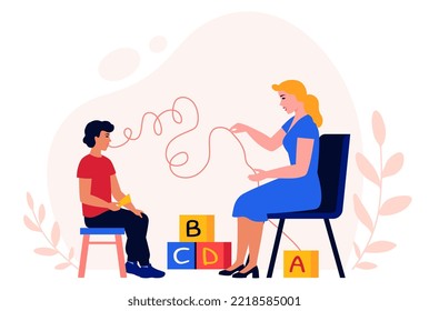 Speech therapist and a kid.  Woman teaching boy correct speech. Child doing tongue exercises.  Speech correction. Speech disorder, development delay. Pediatrician in the kindergarten, school. Vector.