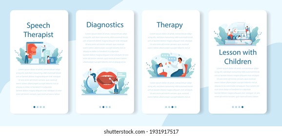 Banner de aplicación móvil de terapeuta de habla. Corrección didáctica y idea de tratamiento. Médico cuidando la salud del paciente. Tratamiento médico y recuperación. Ilustración vectorial en estilo de caricatura