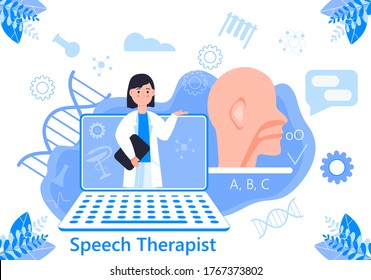 Speech therapist for online consultation concept vector. Family doctor for remote and distance medical support. Psychological help service after a stroke for patient.