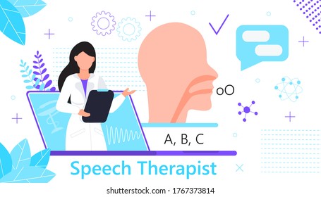 Speech therapist for online consultation concept vector. Family doctor for remote and distance medical support. Psychological help service after a stroke for patient.