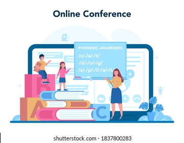 Speech therapist online service or platform. Didactic correction and treatment idea. Online conference. Vector illustration in cartoon style