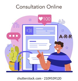Speech therapist online service or platform. Doctor diagnozing and treating of communication problem and speech disorder. Online consultation. Vector flat illustration