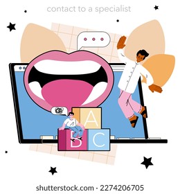 Speech therapist online service or platform. Didactic correction and speech treatment. Speech disorder treating. Contacts. Vector flat illustration