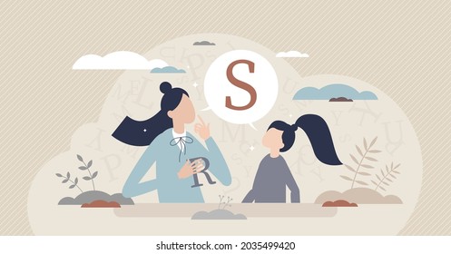 Speech Therapist For S Or R Letter Pronunciation Problems Tiny Person Concept. Communication Correction And Development For School Kids Vector Illustration. Private Lesson With Text Talking Exercises.