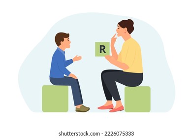 Speech therapist showing letter to little boy with disorder.Speech disorders in children.Proper articulation therapy . Vector illustration
