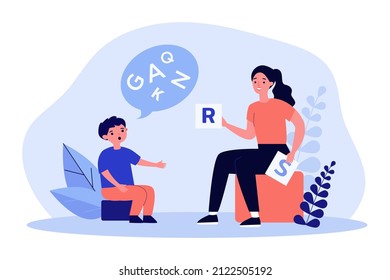 Speech Therapist Showing Letters To Little Boy With Disorder. Speech Therapy Session With Child Flat Vector Illustration. Language, Education, Development Concept For Banner Or Landing Web Page