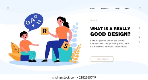 Speech therapist showing letters to little boy with disorder. Speech therapy session with child flat vector illustration. Language, education, development concept for banner or landing web page