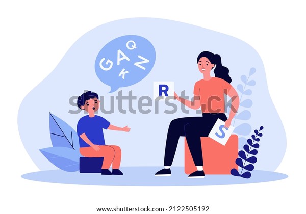 Speech therapist showing letters to little boy with\
disorder. Speech therapy session with child flat vector\
illustration. Language, education, development concept for banner\
or landing web page