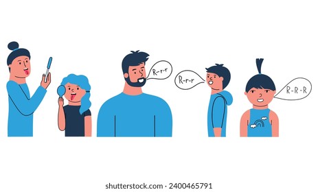 The speech therapist teaches the child language skills, articulation. A set of people, a man speaks to a boy, a woman shows a girl how to pronounce words. Vector hand drawn illustration