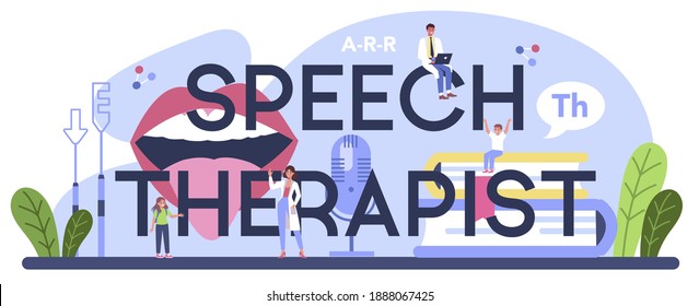 Speech therapist typographic header. Didactic correction and speech treatment idea. Doctor diagnozing and treating of communication problem and speech disorder. Vector flat illustration