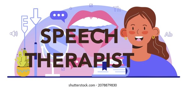 Speech therapist typographic header. Doctor diagnozing and treating of communication problem and speech disorder. Didactic correction and speech treatment. Vector flat illustration