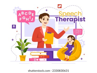 Speech Therapist Vector Illustration with Child Training Basic Language Skills and Articulation Problem in Flat Cartoon Hand Drawn Templates