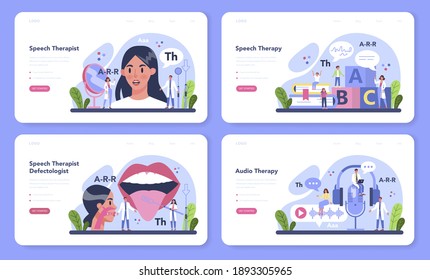 Speech therapist web banner or landing page set. Didactic correction and speech treatment idea. Doctor diagnozing and treating of communication problem and speech disorder. Vector flat illustration