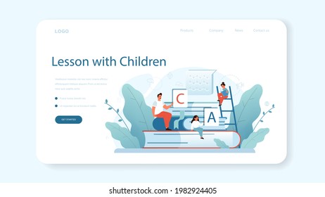 Banner web o página de inicio del terapeuta de habla. Corrección didáctica y idea de tratamiento. Médico cuidando la salud del paciente. Tratamiento médico y recuperación. Ilustración vectorial en estilo de caricatura