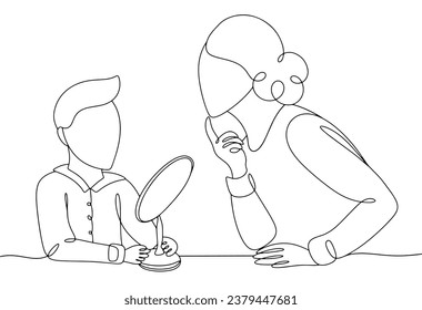 A speech therapist works with a child. Correct speech delivery. Articulation gymnastics. International Speech Therapist Day. One line drawing for different uses. Vector illustration.