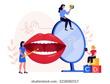 Speech Therapy Concept. Child Practicing Sounds With A Therapist. Tongue Exercise. Speech Disorder, Delay. Banner, Advertisement, Landing. Flat Vector Illustration.