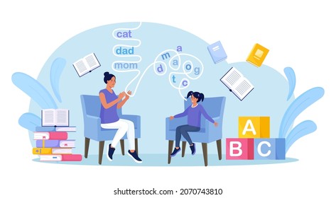 Speech Therapy Concept. Teacher Woman Teaches Child To Talk. Child Training Basic Language Skills With Speech Therapist. Speech-language Pathologist Diagnoses Articulation Problem. Vector Illustration