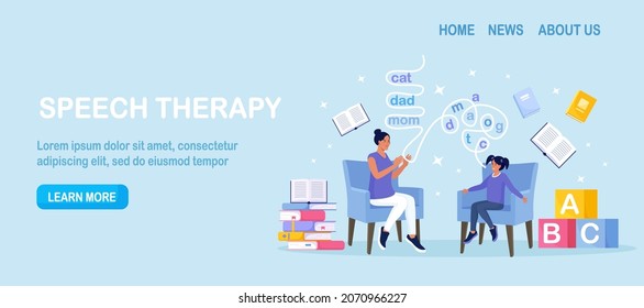 Speech Therapy Concept. Teacher Woman Teaches Child To Talk. Child Training Basic Language Skills With Speech Therapist. Speech-language Pathologist Diagnoses Articulation Problem. Vector Illustration