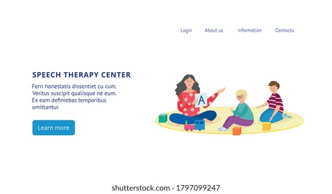 Speech therapy for kids in a development class. Speech therapist hold card with letter for speech exercises. Vector flat illustration. Landing page template