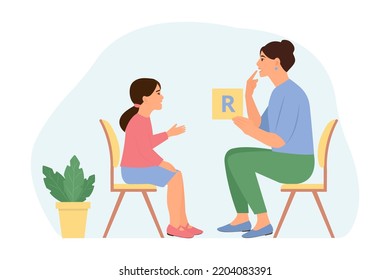 Speech therapy for preschool kid with therapist. Speech disorders in children.Proper articulation therapy for girl. Vector illustration.Isolated vector