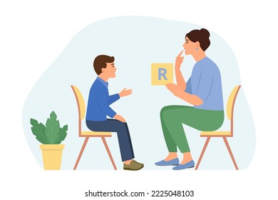 Terapia del habla para niños preescolares con terapeuta. Trastornos del habla en niños.Terapia de articulación adecuada para el niño. Ilustración vectorial.Vector aislado