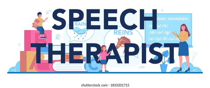 Speech therapy typographic header. Didactic correction and treatment idea. Doctor caring about patient health. Medical treatment and recovery. Vector illustration in cartoon style