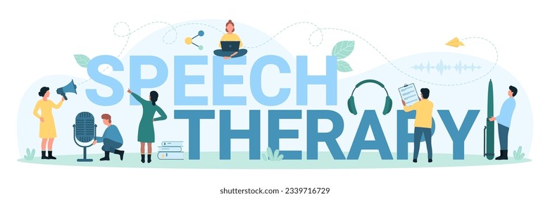 Speech therapy, typography infographic banner template vector illustration. Cartoon tiny people teaching basic articulation with language exercises, sound pronunciation correction by therapists