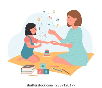 Speech therapy vector illustration. Cartoon therapist showing letters to little girl with disorder, game development of childs pronunciation at session in kindergarten, teacher speaking with kid