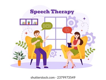 Speech Therapy Vector Illustration with Kids Training Basic Language Skills and Articulation Problem in Education Flat Cartoon Background Templates