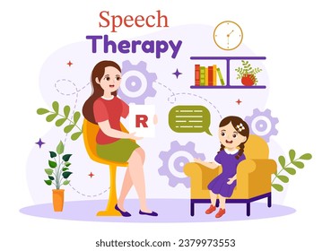 Speech Therapy Vector Illustration with Kids Training Basic Language Skills and Articulation Problem in Education Flat Cartoon Background Templates