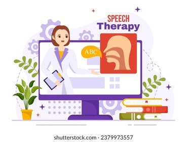 Ilustración de vectores de terapia del habla con niños Formación de habilidades lingüísticas básicas y problema de articulación en la educación Plantillas de fondo de caricatura plana